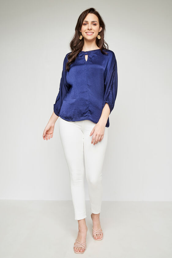Navy Blue Round Neck Straight Top, Navy Blue, image 2